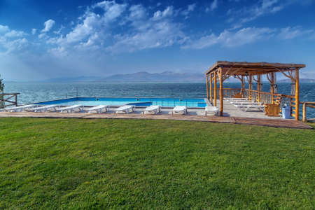 Swimming pool on the shore of Lake Sevan, Armeniaの写真素材