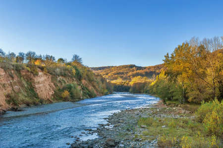 Landscape with the river Belaya in Kamennomostsky, Adygea, Russiaの写真素材