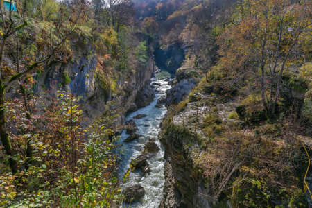 Khadzhokhskaya gorge or Kamennomostsky canyon is a section of the gorge of the Belaya River in Adygea, Russiaの写真素材