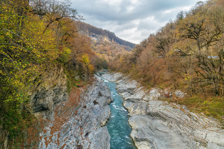 River Belaya flowing in the rocks in Adygea, Russiaの写真素材