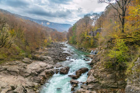 River Belaya flowing in the rocks in Adygea, Russia