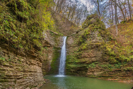 Maiden Spit Waterfall at Rufabgo Stream Waterfalls, Adygea, Russiaの写真素材