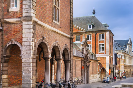 Street with historical houses in Leuven, Belgiumの写真素材