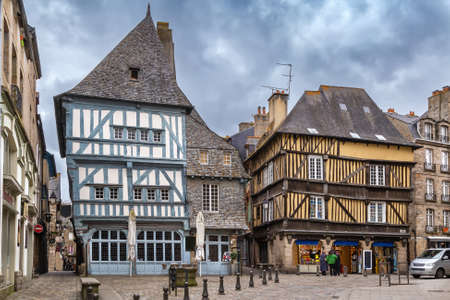 Street with half-timbered houses in Dinan city center, Brittany, Franceの写真素材