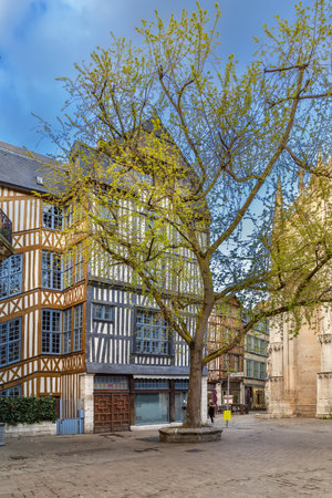 Street in historical center of Rouen with half-timbered houses, Franceの写真素材