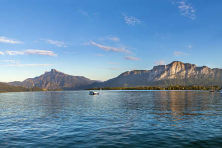 View of Mondsee lake from Mondsee town, Austriaの写真素材