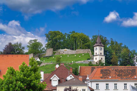 View of Castle Hill with tower in Bruck an der Mur, Austriaのeditorial素材