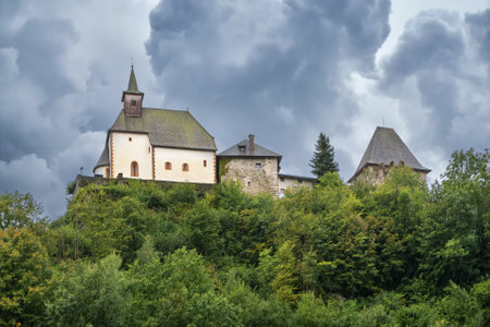 Petersburg Castle on a hilltop above the city Friesach, Austriaのeditorial素材
