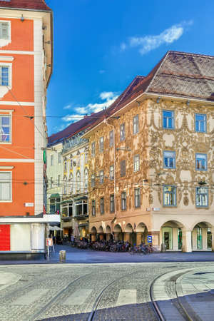 Street with historical houses in Graz downtown, Austriaのeditorial素材