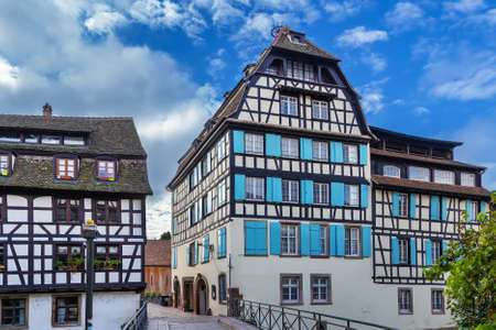 Street with historical half-timbered houses in Petite France district in Strasbourg, Franceの写真素材