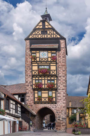 Historical Dolder Tower in Riquewihr, Alsace, Franceの写真素材