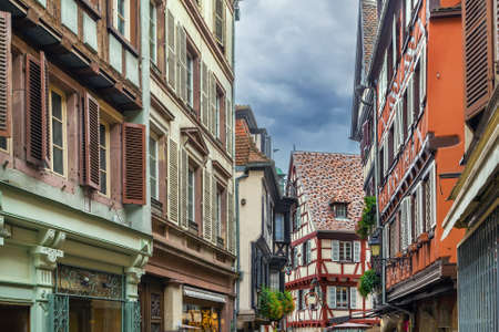 Street with historical houses in Colmar city center, Alsace, Franceの写真素材