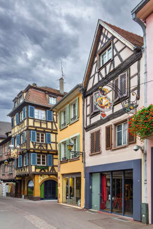 Street with historical houses in Colmar city center, Alsace, Franceの写真素材