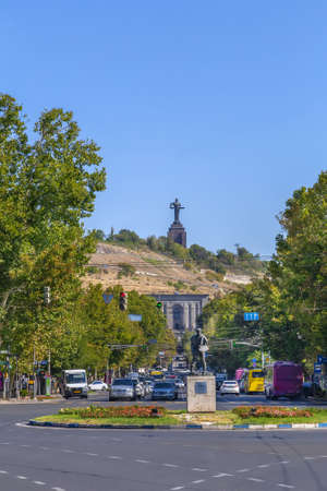 View of Matenadaran and Mother Armenia monument in Yerevan, Armeniaのeditorial素材