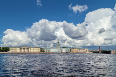 View of University embankment with Kunstkamera from Neva river, Saint Petersburg, Russiaのeditorial素材
