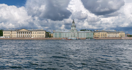 View of University embankment with Kunstkamera from Neva river, Saint Petersburg, Russiaのeditorial素材
