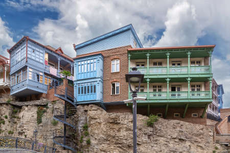 Houses with balconies in the historic district of Tbilisi, Georgiaの写真素材