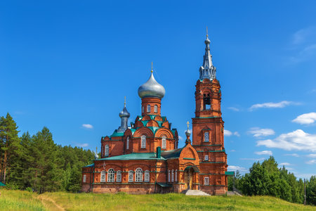 Red brick church in Shirkovo, Russiaの写真素材