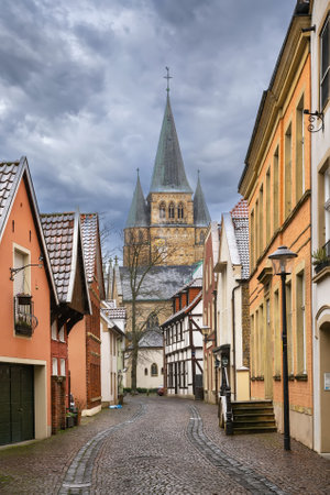 Street in Warendorf with view of Church of Saint Lawrence, Germanyの写真素材