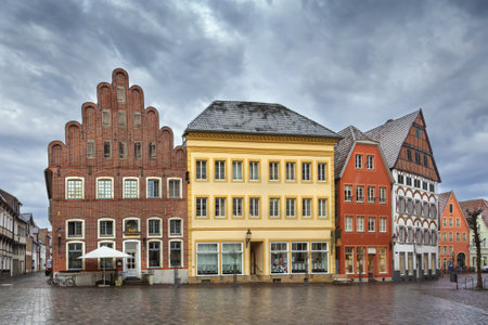 Market square with historical houses in Warendorf, Germanyの写真素材