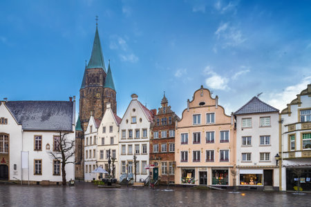 Market square with beautiful hisyorical houses and church in Warendorf, Germanyの写真素材