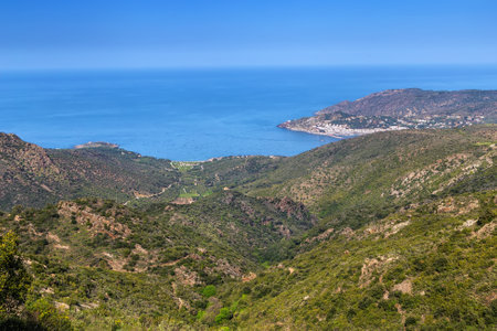 Landscape with mountain range Serra de Rodes and sea, Spainの写真素材