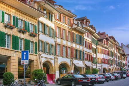 Street with historical houses in Murten, Switzerlandの写真素材