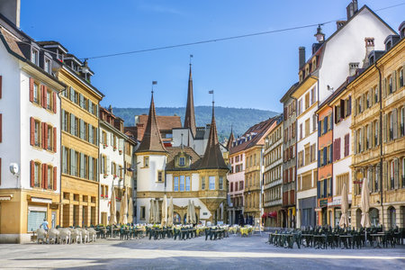 Market square in the old town of Neuchatel, Switzerlandの写真素材
