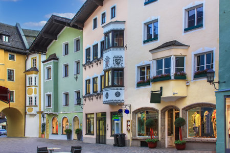 Street with historical houses in Kitzbuhel city center, Austriaの写真素材