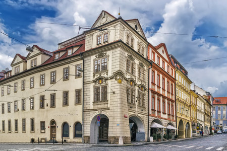Historical houses on Malostranska square in Prague, Czech Republicの写真素材