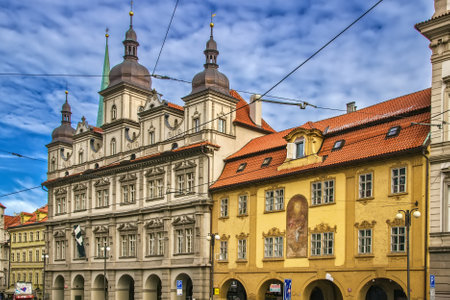 Historical houses on Malostranska square in Prague, Czech Republicの写真素材