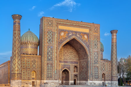 Sher-Dor Madrasa is a 17th-century madrasa (Islamic school) in the historic center of Samarkand, Uzbekistanの写真素材