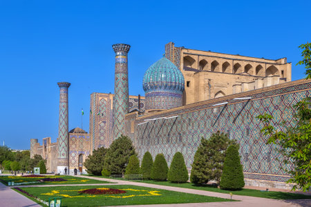 View of Sher-Dor Madrasa from park, Samarkand, Uzbekistanの写真素材