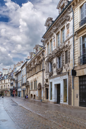 Street with historical houses in Dijon city center, Franceの写真素材