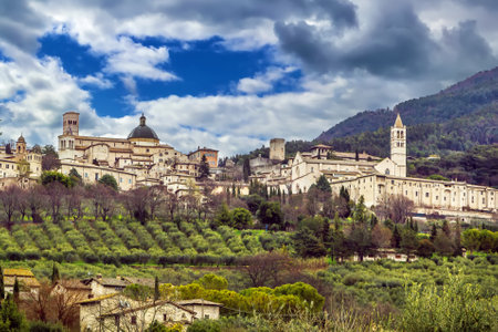 View of the Assisi city, located on a hill, Italyの写真素材
