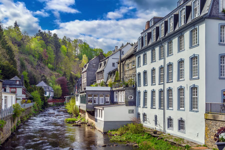 Picturesque houses along the Rur River in the historic center of Monschau, Germanyの写真素材