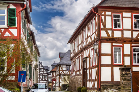 Street with Historic half-timbered houses in Braunfels old town, Germany