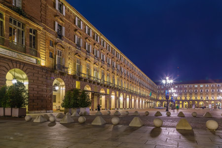 Piazza Castello in evening, Turin, Italyの写真素材