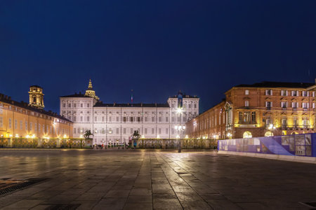 Piazza Castello in evening, Turin, Italyの写真素材