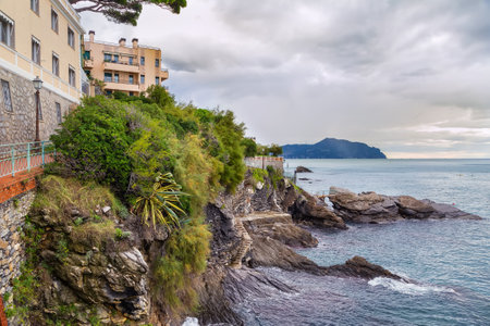 Rocky coast of the Ligurian Sea, Genoa, Italy. View from Anita Garibaldi Promenadeの写真素材