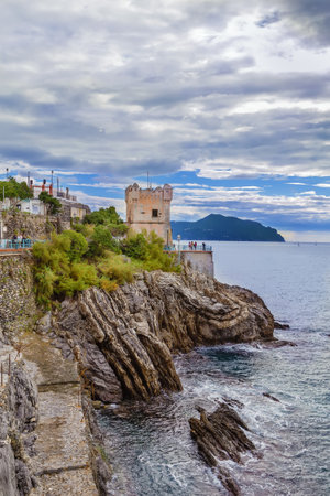 Rocky coast of the Ligurian Sea, Genoa, Italy. View from Anita Garibaldi Promenadeの写真素材