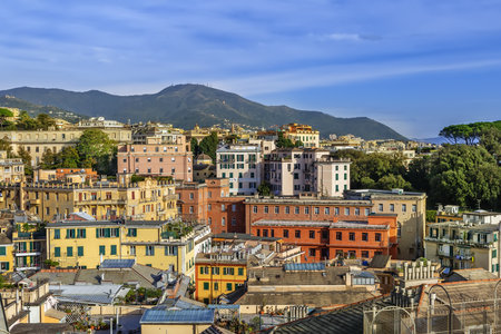 View of Genoa on hill from Belvedere Castelletto, Genoa, Italyの写真素材