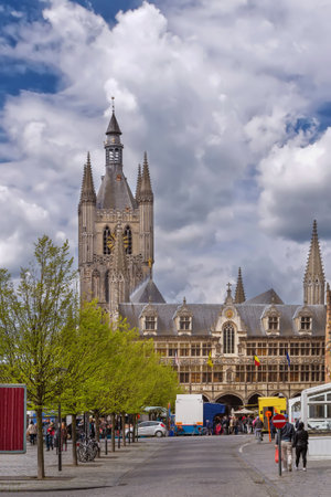 Cloth Hall is a large cloth hall, a medieval commercial building, in Ypres, Belgiumの写真素材