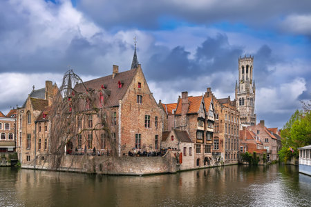 View of Bruges canal in city center, Belgiumの写真素材
