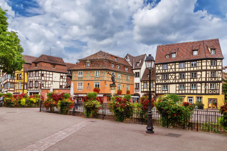 Square in Colmar city center with Schwendi Fountain, Franceの写真素材