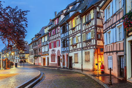 Embankment of Lauch River with historical houses in Colmar, Franceの写真素材