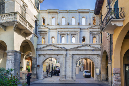 Porta Borsari is an ancient Roman gate in Verona, Italyの写真素材