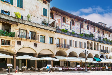Historical houses on Piazza delle Erbe in Verona, Italyの写真素材