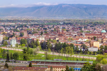 Aerial panoramic view of Vicenza from Mount Berico, Italyの写真素材