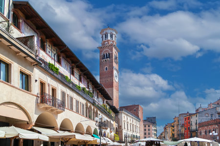 Historical houses on Piazza delle Erbe in Verona, Italyの写真素材